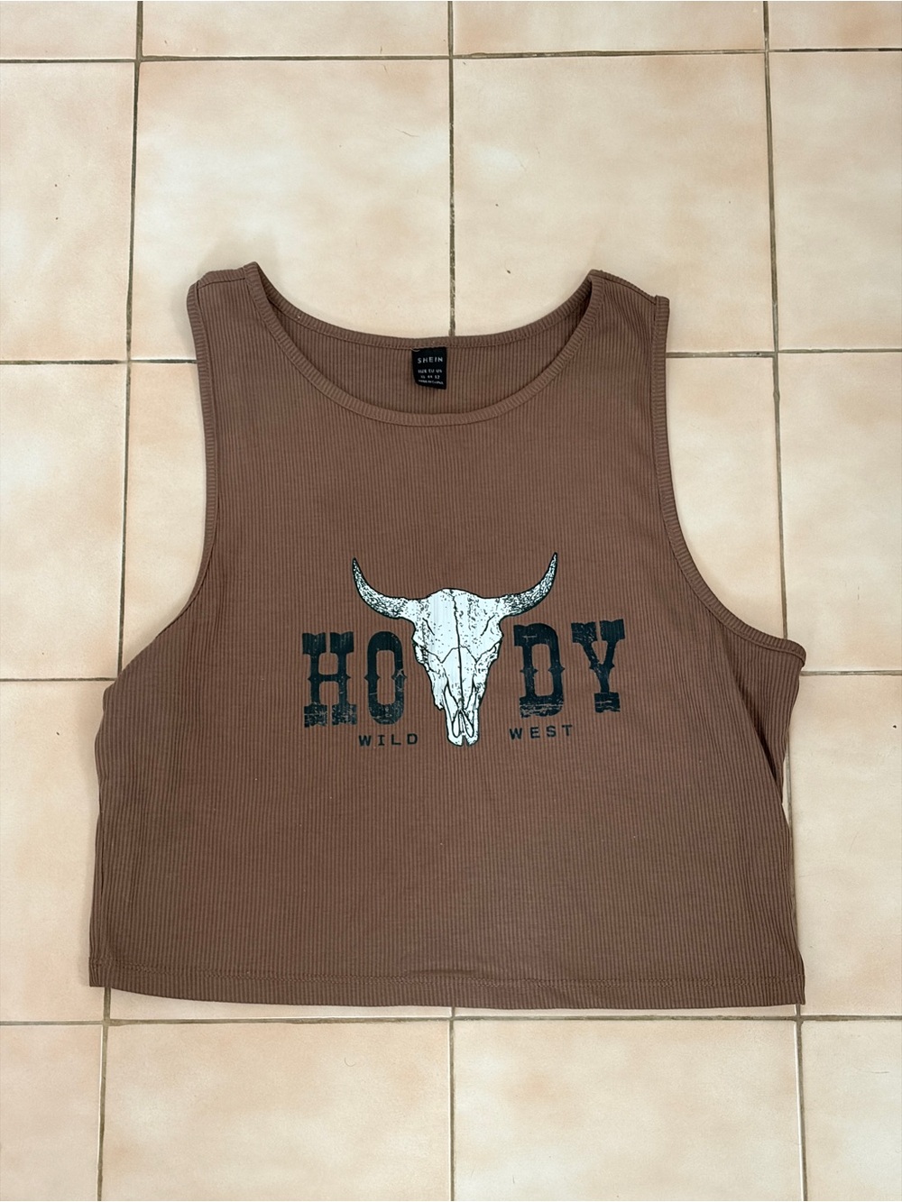 SHEIN Brown Ribbed Cropped Tank with 'HOWDY' Skull Graphic